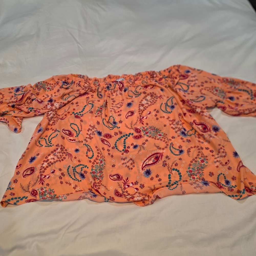 Boutique Paisley Off Shoulder Top Womens Peach Orange Excellent Ruffle Sleeve